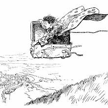 A boy flies over the countryside sitting in a trunk