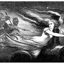 A female figure floats in the night, leading the way for Time and Death