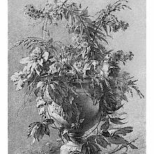 A garden urn overflows with daisies, drooping leaves, and grasses, while a bird has landed on a twig near the base