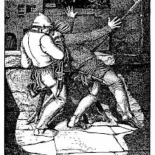 A man leaps onto a sentinel from behind and overpowers him by covering his face with a cloth