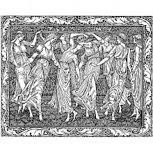 Scene showing a group of young women dancing in a garden fenced with hedge and latticework