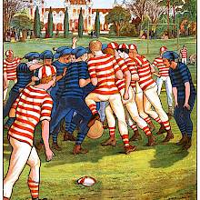 Two teams wearing bluen and red & white striped shirts are engaged in a ball game