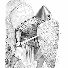 Eighth-Century foot soldier wearing a coat of plate and covers himself with a kite shield