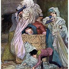 Two women and a boy help a man hide in a basket of dirty linen