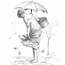 A woman holds an umbrella and looks down at a puddle into which leaves are falling