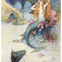 A mermaid is combing her hair at the bottom of the sea as a serpent cranes its neck toward her