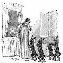 Four rabbits walk into Pinocchio's bedroom on their hind legs, carrying a coffin past the Fairy as Pinocchio watches from the bed.