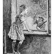 A girl standing on a chair looks out of a window from which she can see a hunter carrying a rabbit
