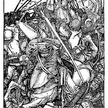 In a medieval battle a knight on horseback strikes an unhorsed opponent in the shoulder with his lance
