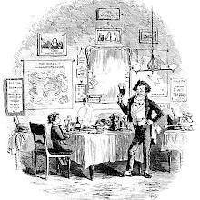 A boy sits at a table laden with food, watching the waiter bring him a pint of beer with a flourish