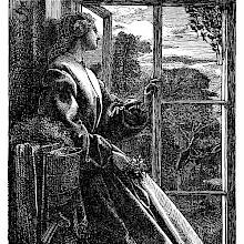 A woman reclining by a half-open window looks thoughtfully at the evening landscape
