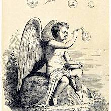 A putto is sitting on a rock and blows soap bubbles inside which tiny creatures are enclosed