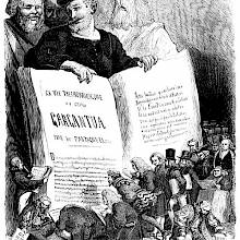 Frontispiece of Œuvres de François Rabelais showing the author holding open a gigantic book