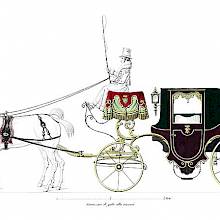 Plate showing a two-seat closed carriage drawn by two horses and decorated with passementerie