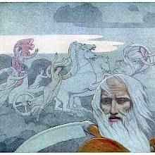 A man symbolizing time stands in the foreground as the chariot of the dawn races across the sky