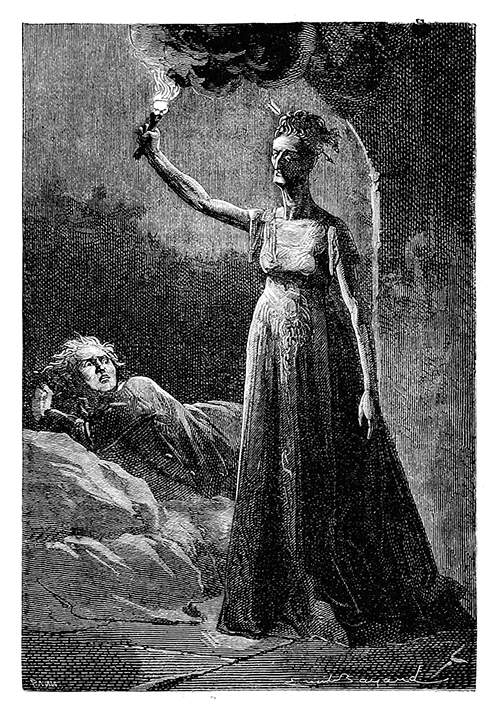 A woman with a wild stare holds a torch above her head as a man lies behind her