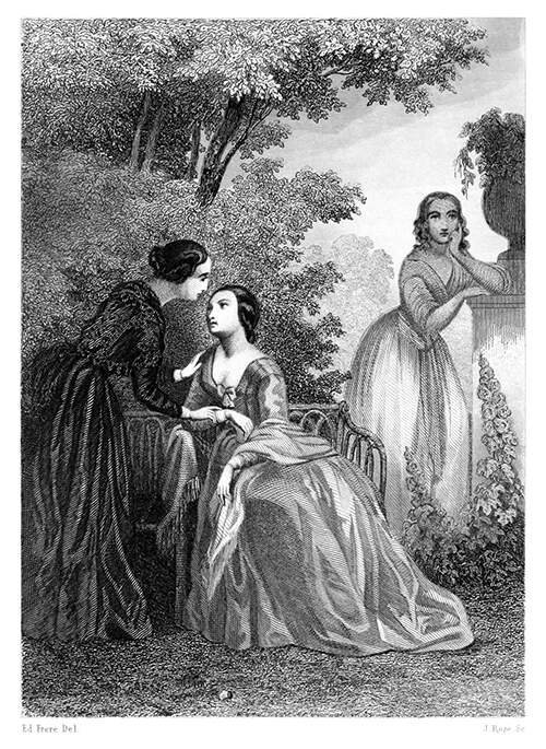 Three women are seen in a park, one chatting with another, the third one standing pensively apart