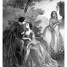 Three women are seen in a park, one chatting with another, the third one standing pensively apart