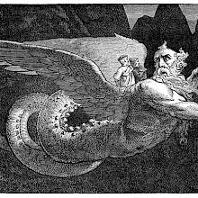 Dante and Virgil ride on the back of Geryon depicted as a winged monster with a snake-like tail