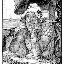 A giant with coarse features sits on a rampart walk, his chin in one hand and a cudgel in the other