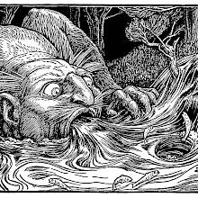 A monstrous male figure crouches by a stream, his mouth open wide to swallow the water