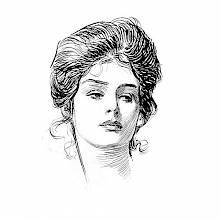 Frontal portrait of a Gibson Girl, viewed from a slightly low angle