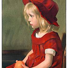 A melancholy young girl dressed in red is seen sitting on a chair holding an orange in her lap