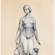 Young woman naked from the waist up carrying a pitcher with a goat at her side