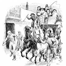 A youth pulls a stagecoach horse by the reins, looking at a man flinging his whip at another horse