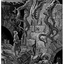 A knight standsat the foot of a wall over which a monster is poking its head