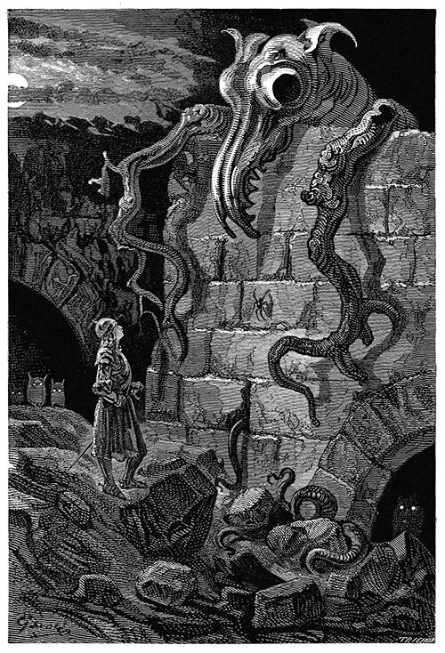 A knight standsat the foot of a wall over which a monster is poking its head