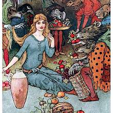 A girl is sitting on the ground among creatures with animal heads trying to sell her fruit