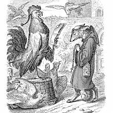 Reynard is dressed as a monk and looks steeped in piety as a rooster examines his credentials