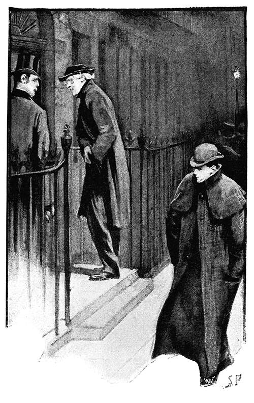 Two men stand on a doorstep at night, ready to go inside as a third one walks on past them