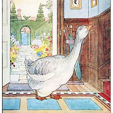A gander stands in the entrance hall of a house looking up the staircase