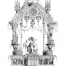 Gothic ornamental composition showing a man on a balcony with a bird of prey on his hand