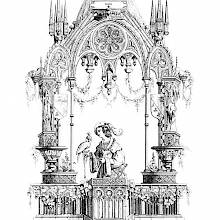 Gothic ornamental composition showing a man on a balcony with a bird of prey on his hand