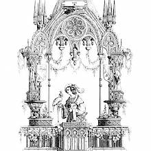 Gothic ornamental composition showing a man on a balcony with a bird of prey on his hand