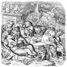 A wild dinner party is taking place, where animals kiss, dance, and greedily eat and drink