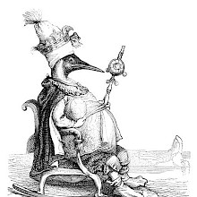 An auk wearing a tiara is sitting on a throne with a scepter in one hand and an egg in the other