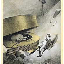 A man leans back on a sloping ground as a creature with tentacles comes out of a large cylinder