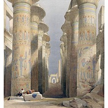 View of the Hypostyle Hall at the Karnak temple complex with columns showing polychrome decoration