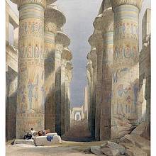 View of the Hypostyle Hall at the Karnak temple complex with columns showing polychrome decoration