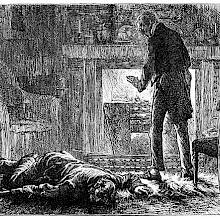 A man standing in front of a fireplace turns his head to glance at a man lying on the floor