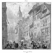 Busy street with half-timbered houses and the Rouen Gros-Horloge and the belfry in the background