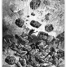 Large rocks fly into the air, crushing a group of natives as they come down