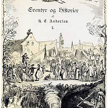 Half-title of Andersen's Fairy Tales showing a boy riding a crane over a village fair, etc.