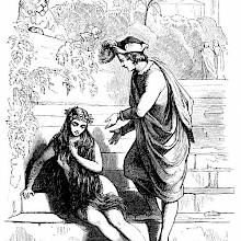 A young women is sitting on steps leading into the water as a young man stands beside her