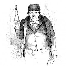 A man stands with a hand resting in the loop of a noose as a crowd can be seen in the background.