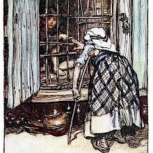 An old woman with a crutch stands before a cage where a boy is kept prisoner